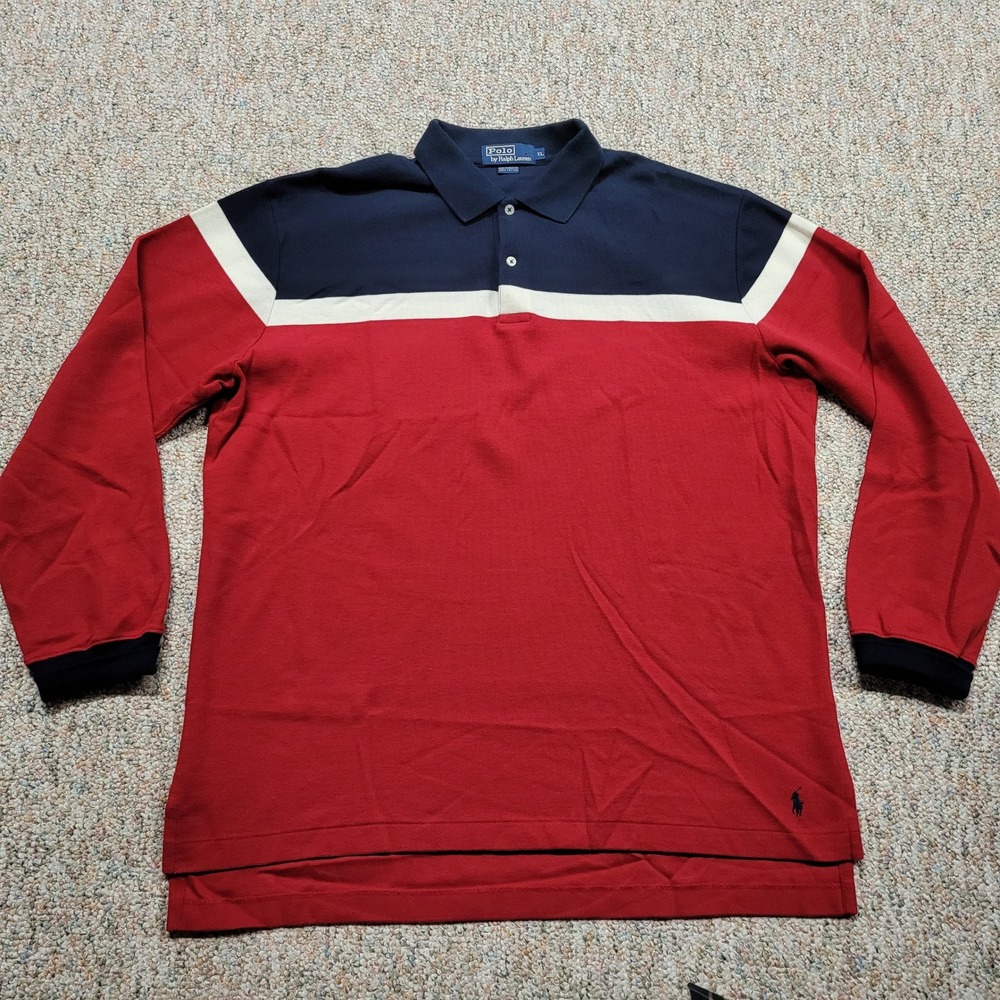 Ralph Lauren Polo Shirt Mens XL Red Blue Colorblock Long Sleeve Pony Rugby